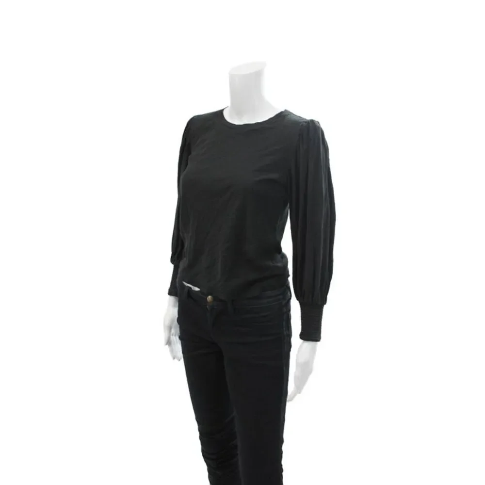 Nation LTD Womens Cotton Crew Neck Puff Sleeve Blouse Top Black Size XS - Picture 2 of 6